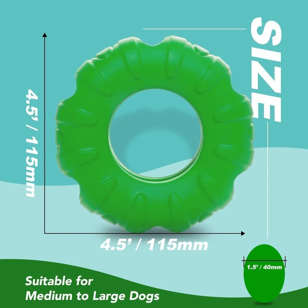 Blue beef-flavoured rubber tyre dog toy with oval holes for treat dispensing