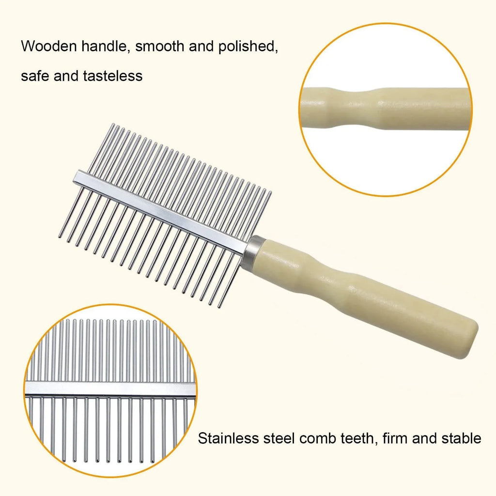 Wooden handle pet grooming comb for dogs and cats on a table.