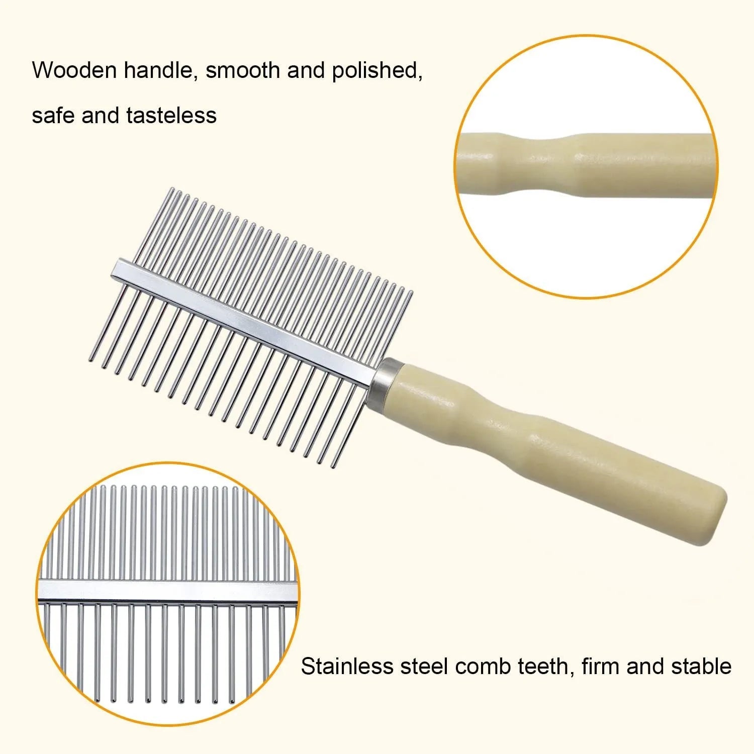 Wooden handle pet grooming comb for dogs and cats on a table.