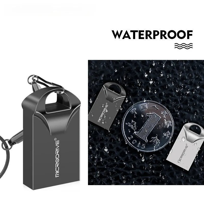 Mini metal USB flash drive in black and silver colours showing compact size