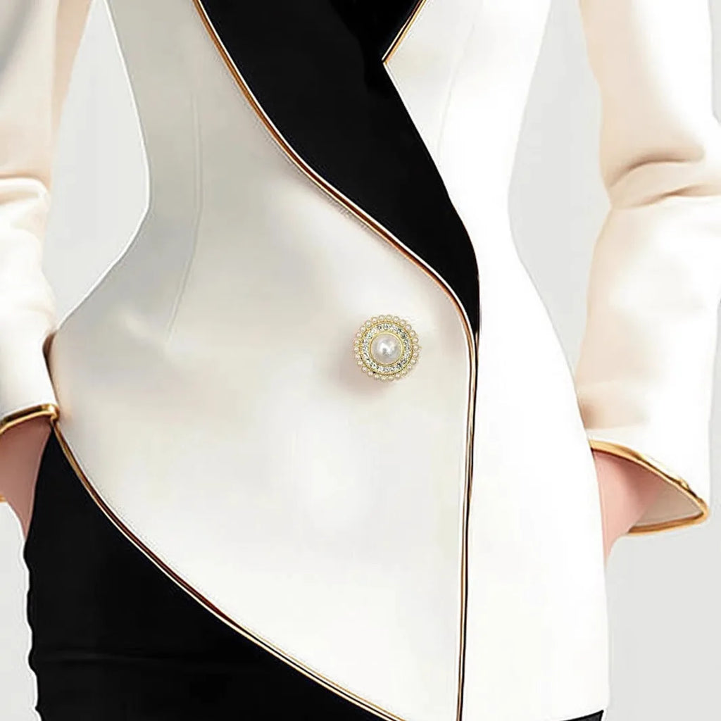 Women's milky white polyester coat with golden edge pearl buttons and irregular hem design