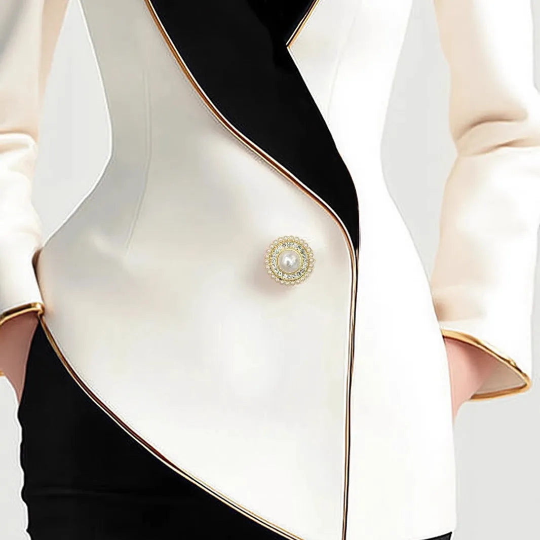 Women's milky white polyester coat with golden edge pearl buttons and irregular hem design