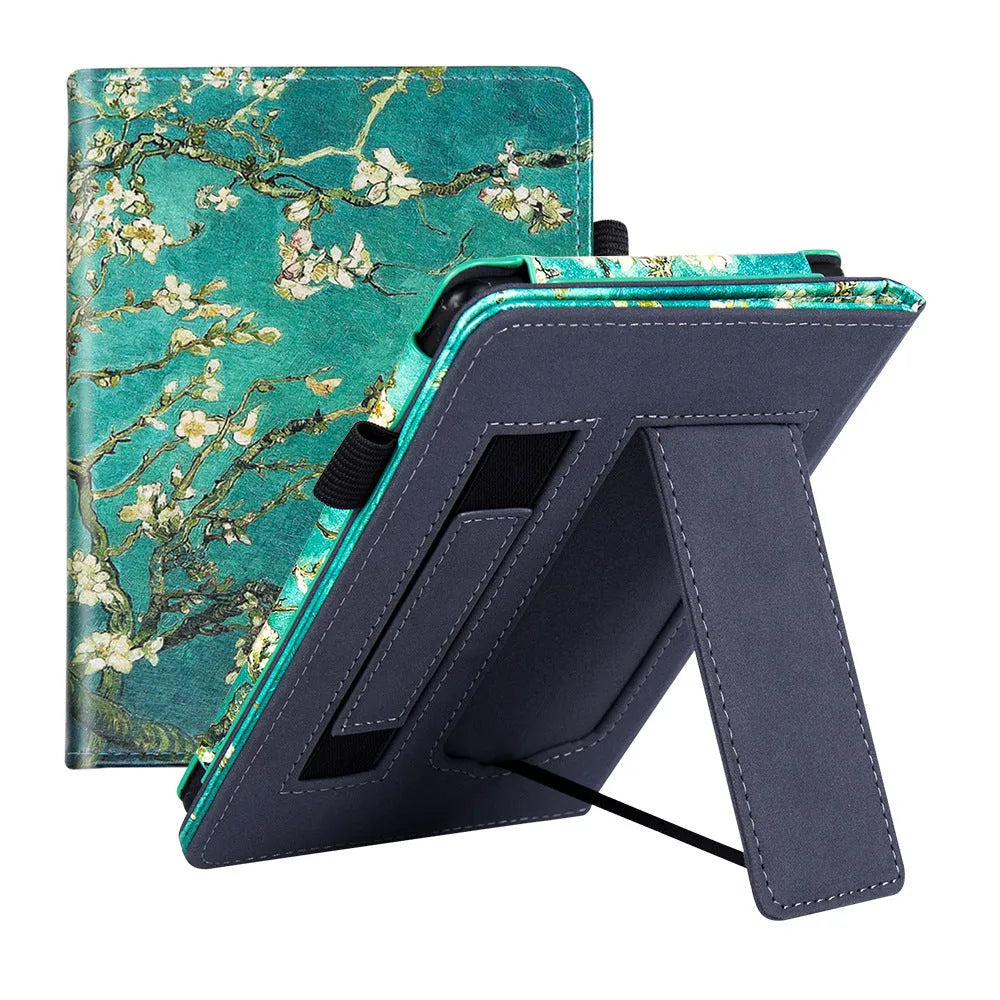Brown calfskin leather case with wrist strap for Kindle Paperwhite 11 e-reader.