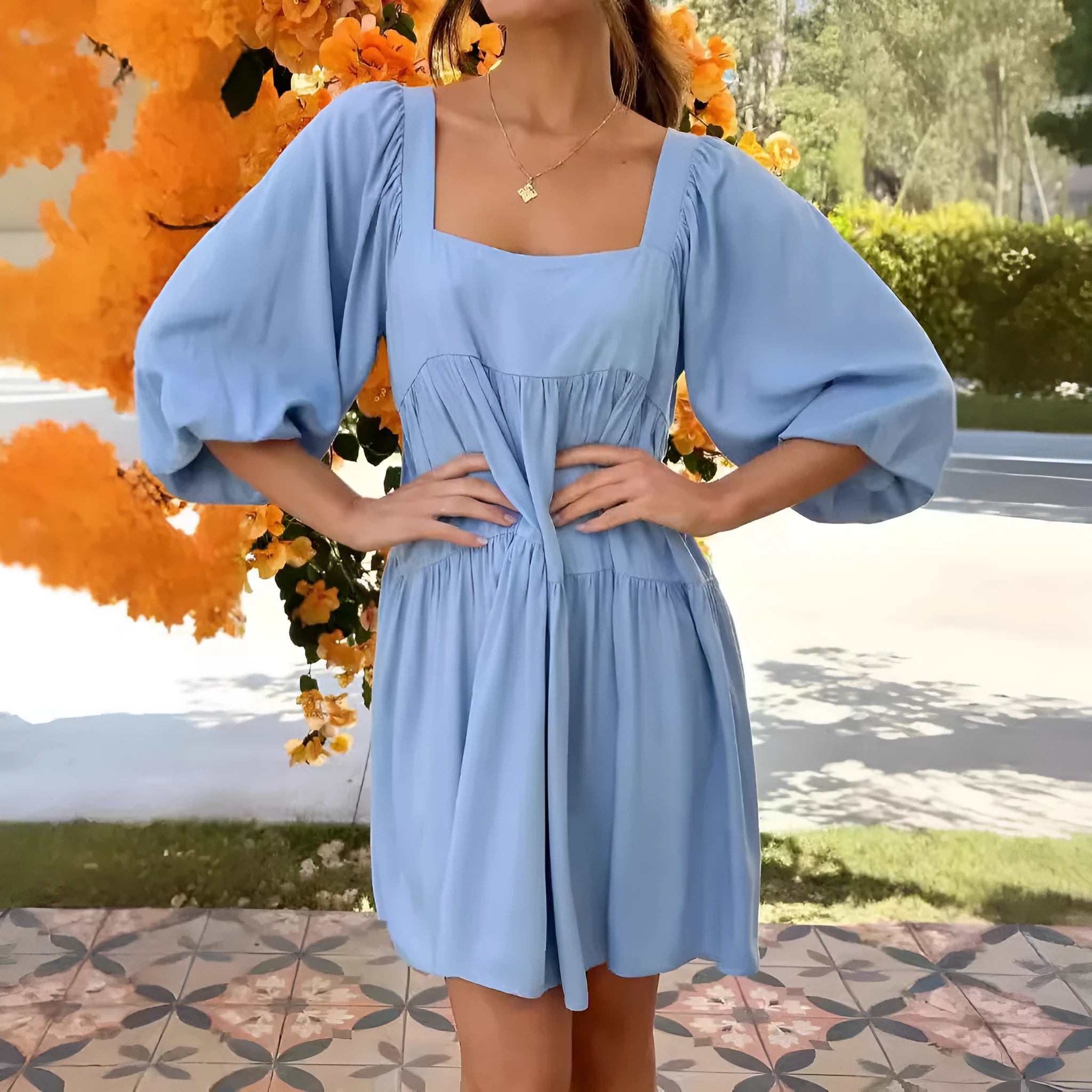 Children's backless dress with square collar and puff sleeves in artistic retro style
