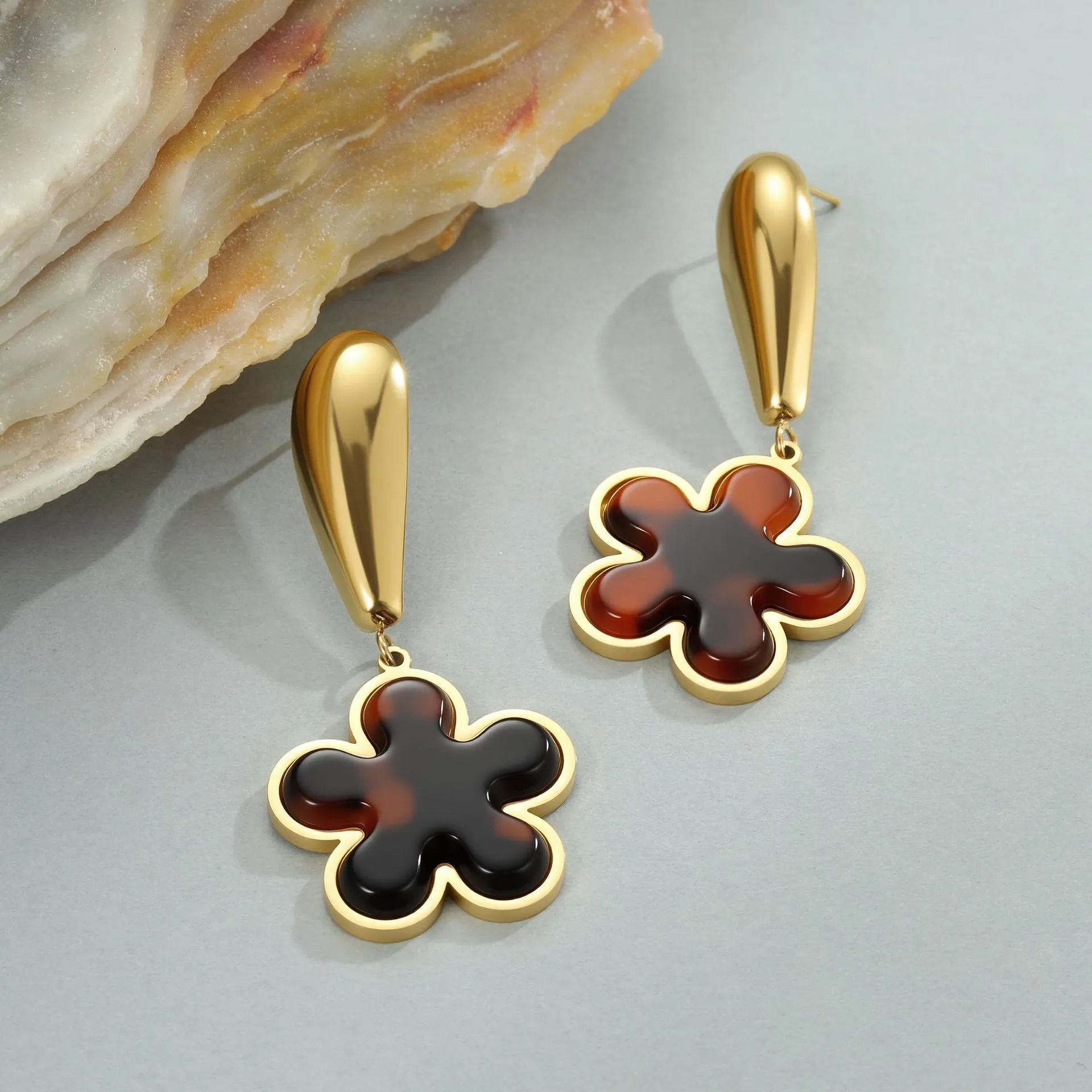 Tortoiseshell resin geometric earrings with 18K gold electroplating on stainless steel