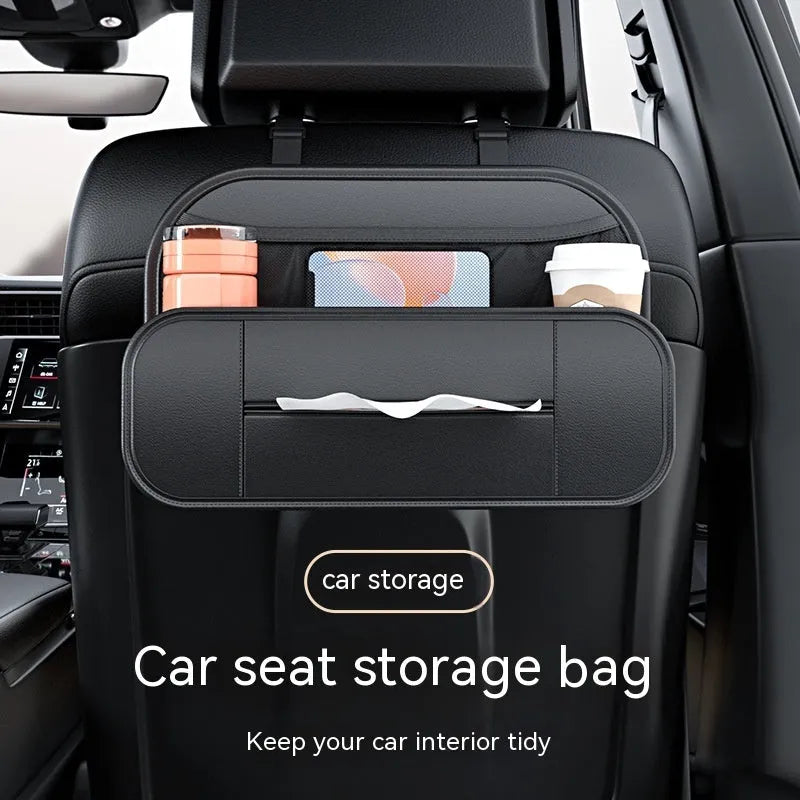 Black leather car seat rear storage bag with adjustable compartments