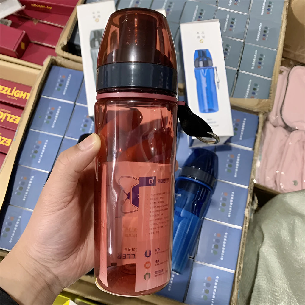 Chinese style portable sports water cup with tea compartment in blue, red, black, and grey colours.