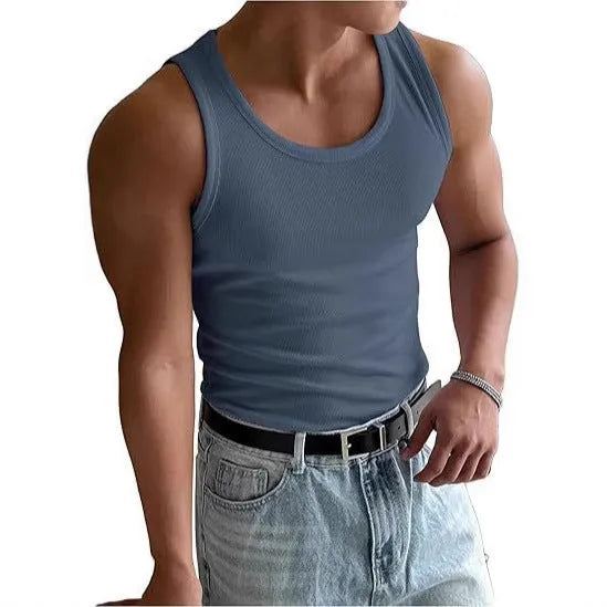 Men's tight fit round neck sports t-shirt in black, shown on a model for summer workouts.