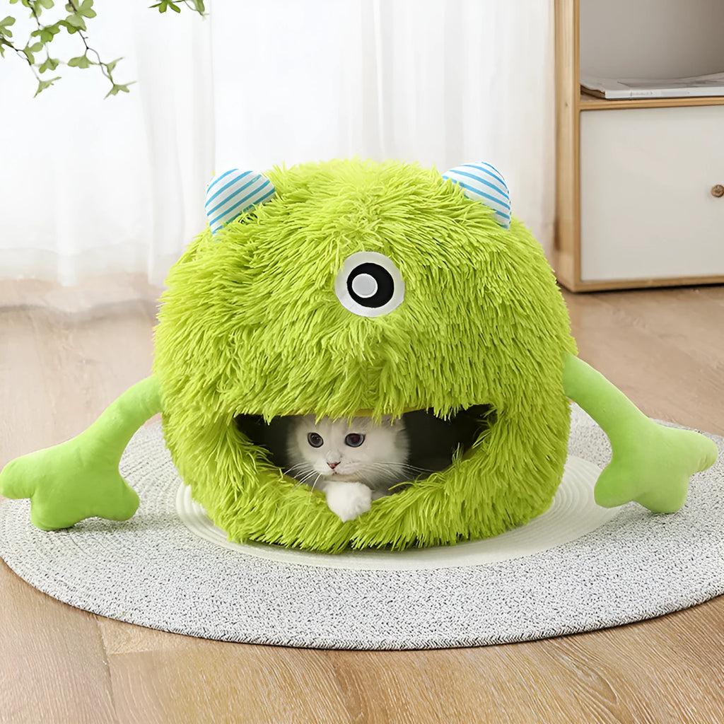 Round fluffy plush cat bed on floor with non-slip base, shown in three size options