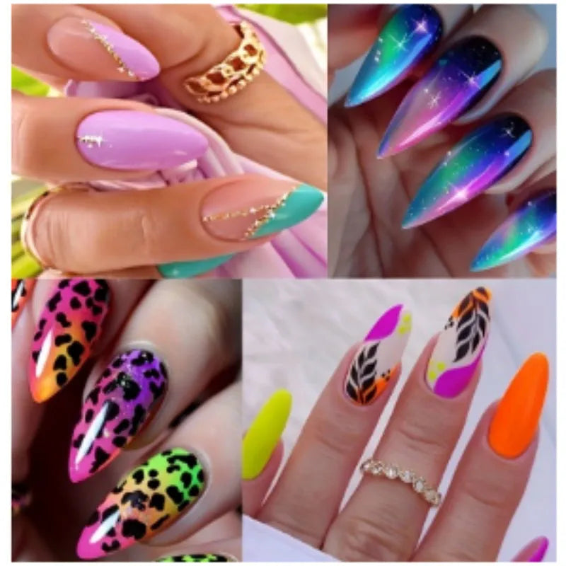 Four boxes of almond-shaped frosted nail stickers showing French leaves, leopard print, macaron and plating designs