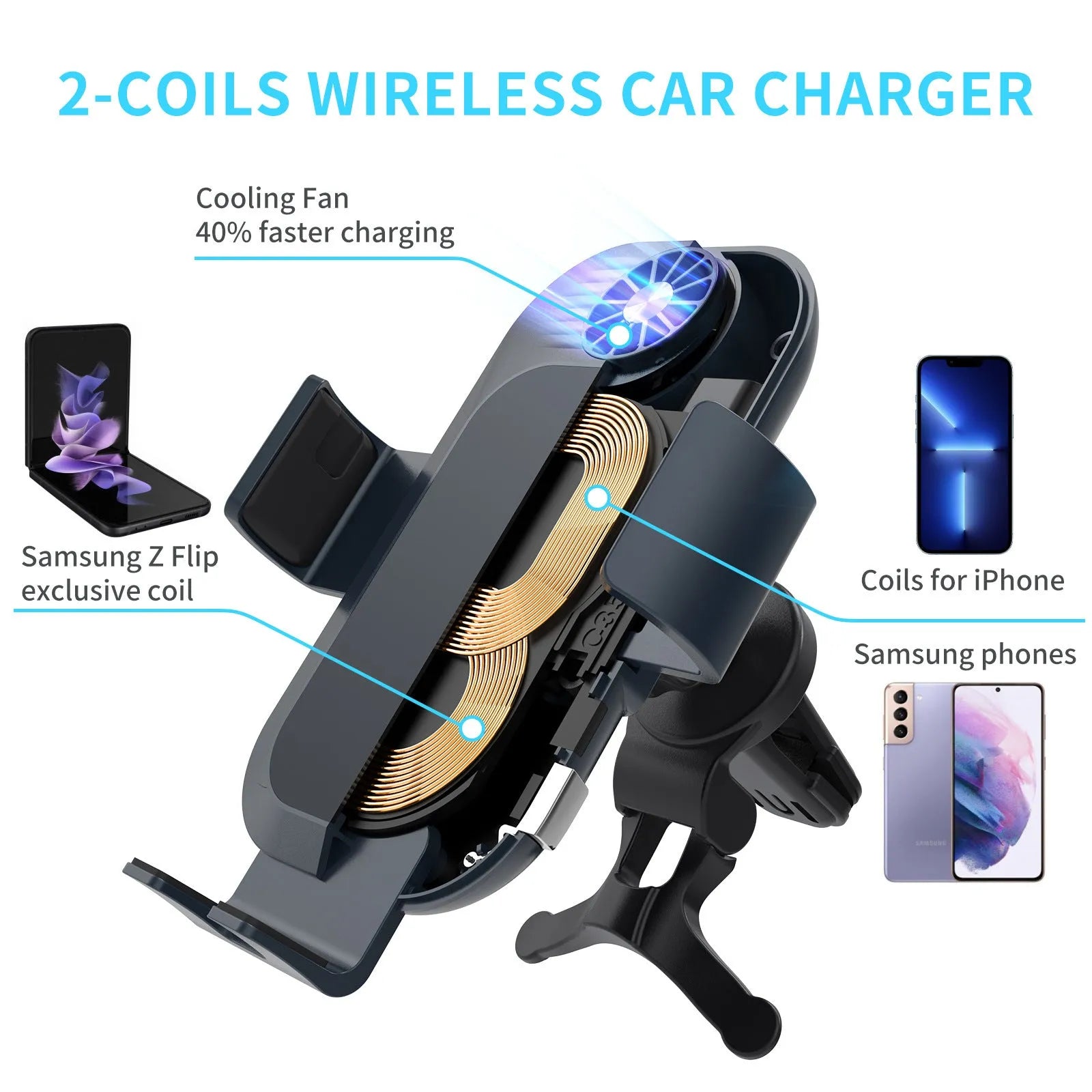C35 grey car wireless charger phone holder mounted on air vent with automatic clamping arms and Type-C cable.