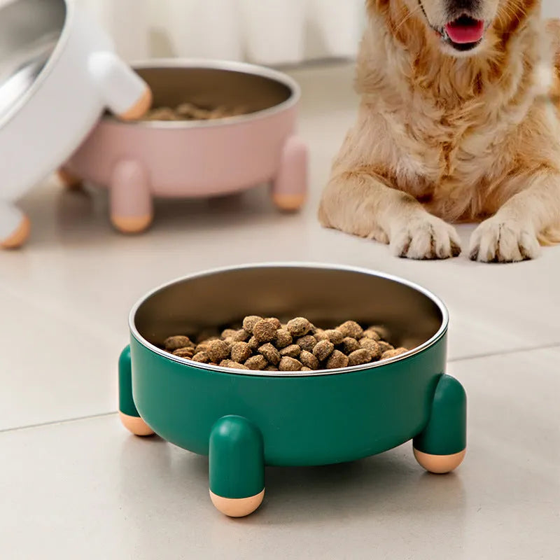 Green stainless steel pet bowl with a non-slip base and high foot for dogs and cats.