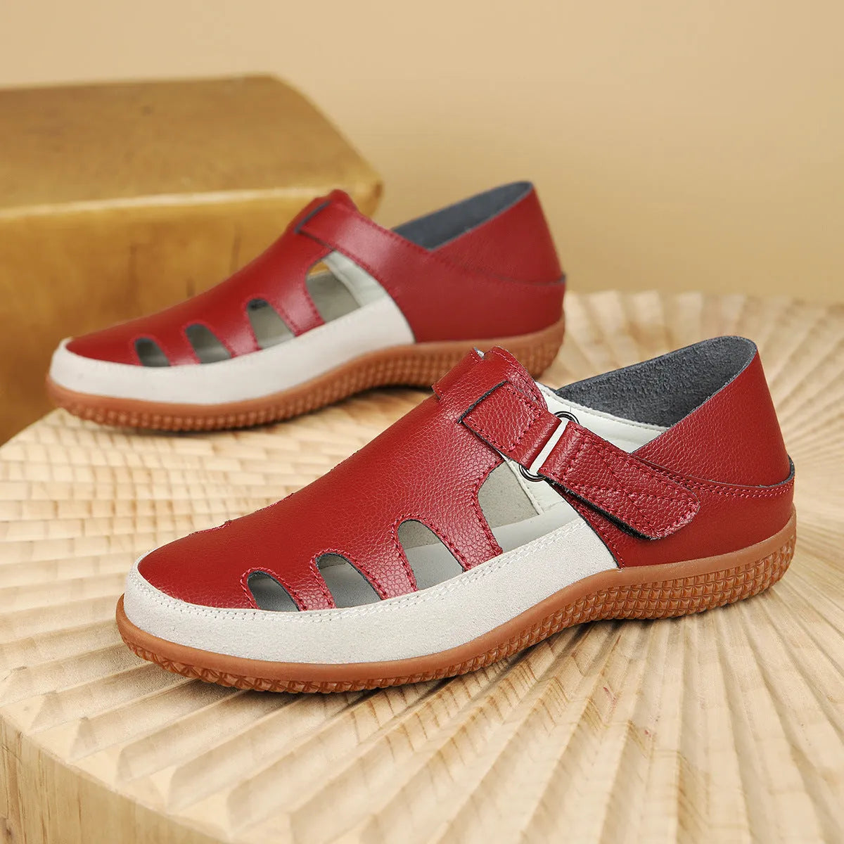 Plus size women's flat heel sandals with hollow toe cap in blue, red, and white colour options