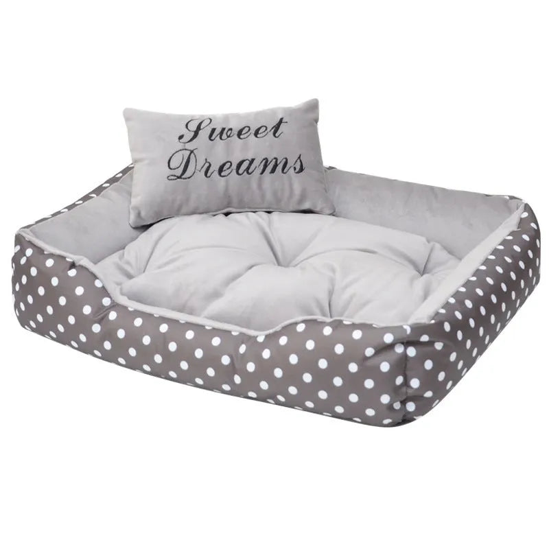 Polka dot printed square small dog bed with matching embroidered pillow in grey, blue, pink, or red colours.