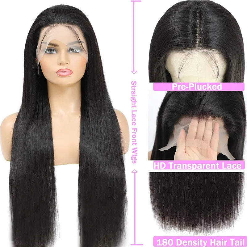 13x6 straight lace front human hair wig in black showing natural hairline and straight style