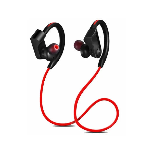 Wireless neckband Bluetooth earphones in black, blue, or red colours showing earbuds and neck mount.