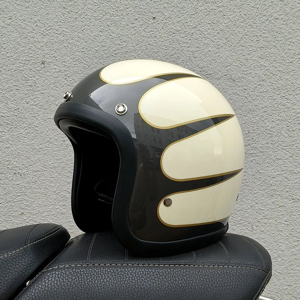 Glass fibre motorcycle half helmet shown in a retro style on a stand.