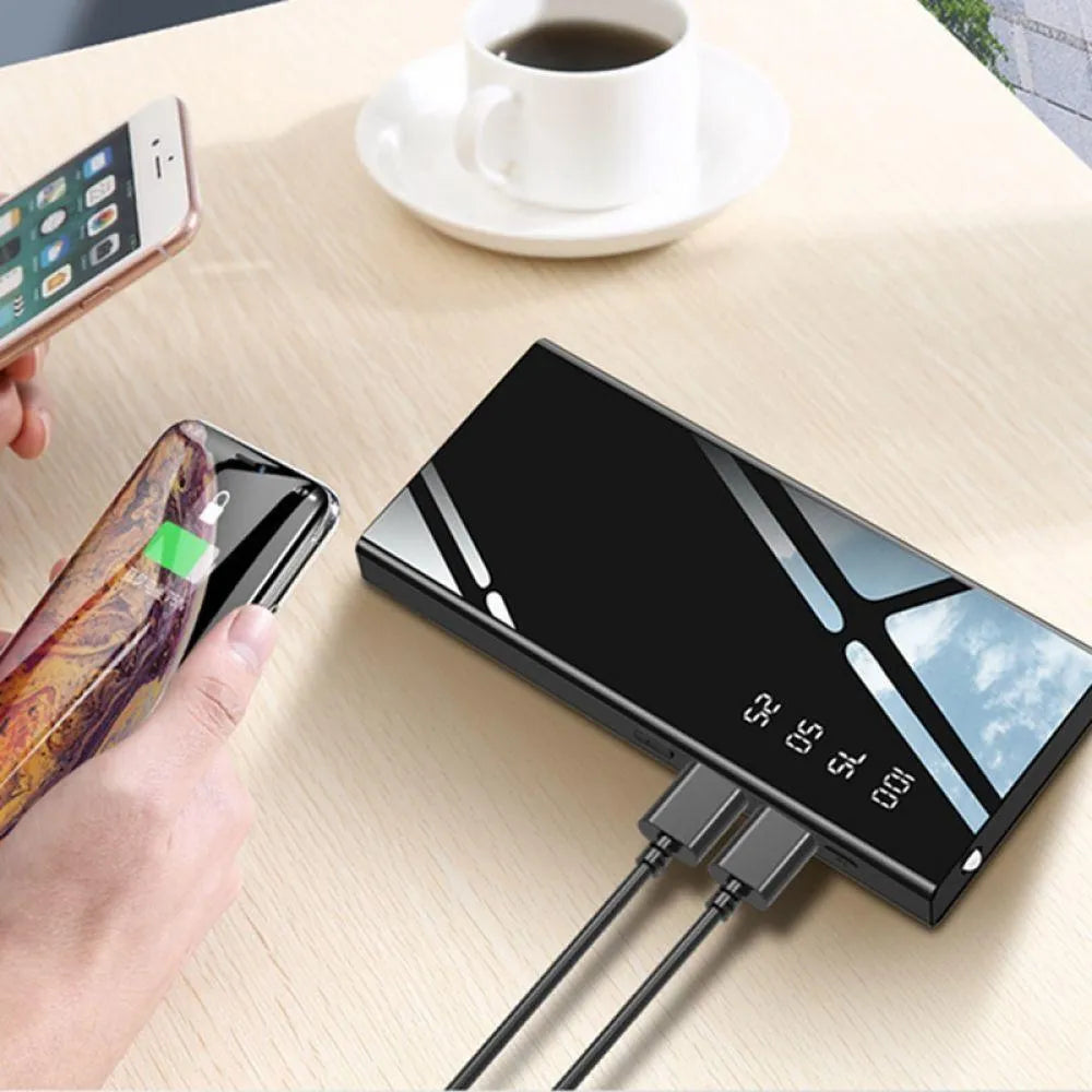 20000mAh power bank with LCD display and dual USB ports in black, red, or white