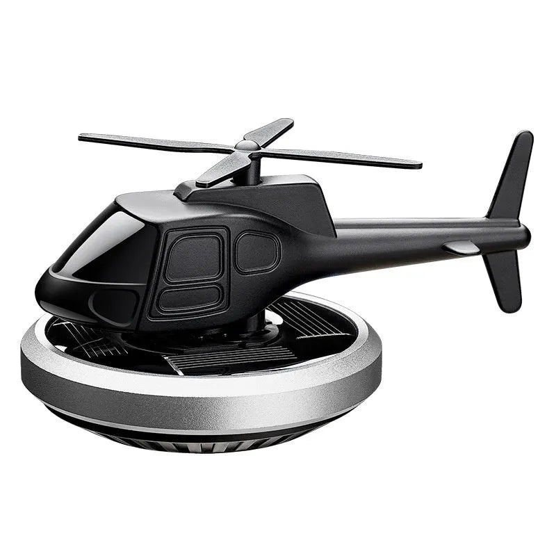 Metal solar helicopter car perfume ornament in silver, black or blue with rotating blades