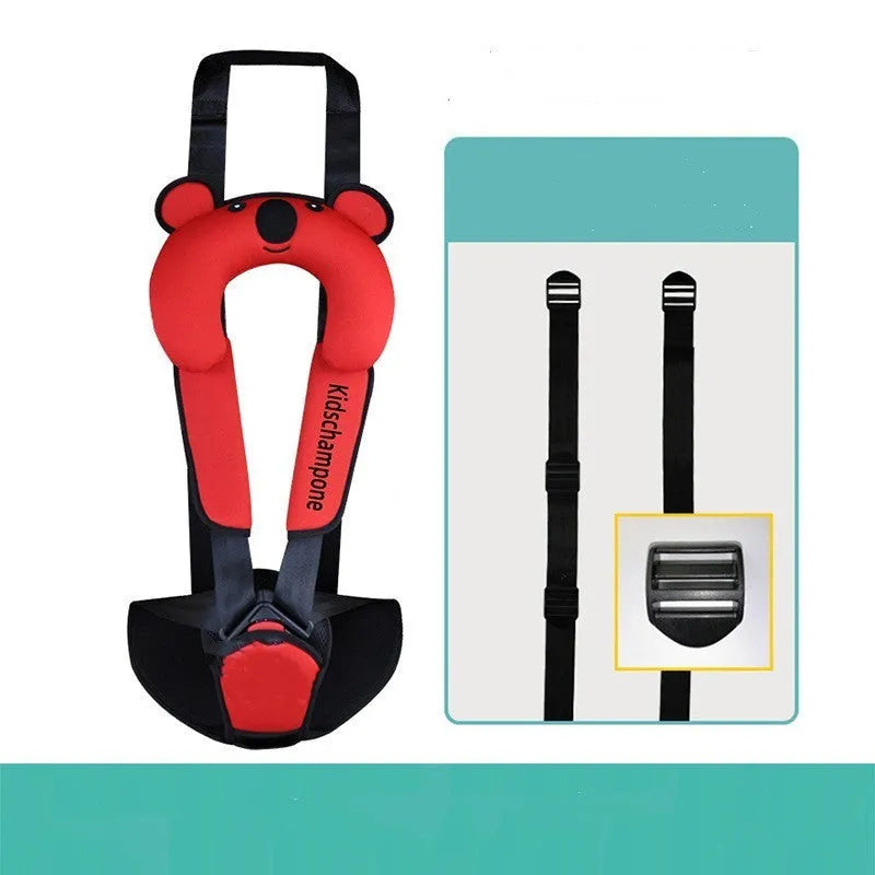 Cute Number One portable child car seat belt retainer in rose pink, shown on a car seat.