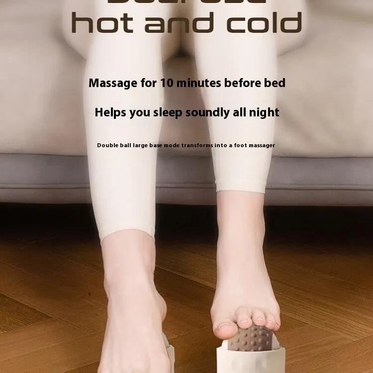 Caramel mocha coloured double massage ball set for hot and cold compress therapy on a wooden floor.