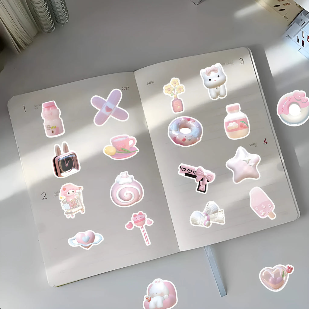 Pink 3D girl heart decorative stickers set of 63 pieces for craft projects