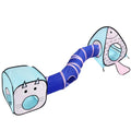 Foldable cat play tent and tunnel set with blue and white cat and fish print.