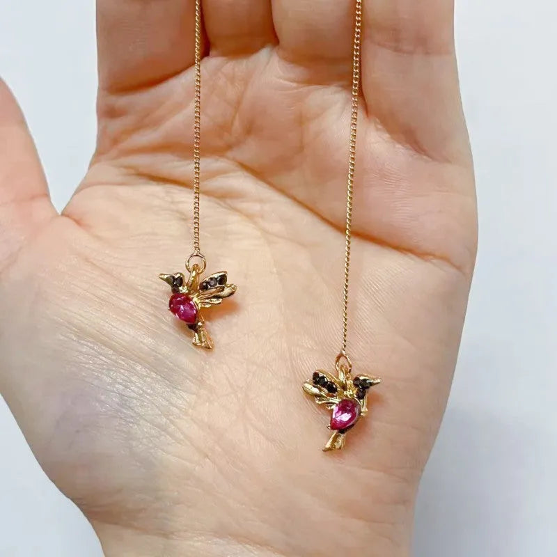 Long style bird hanging earrings with mixed zircon wings in red or blue electroplated alloy for women