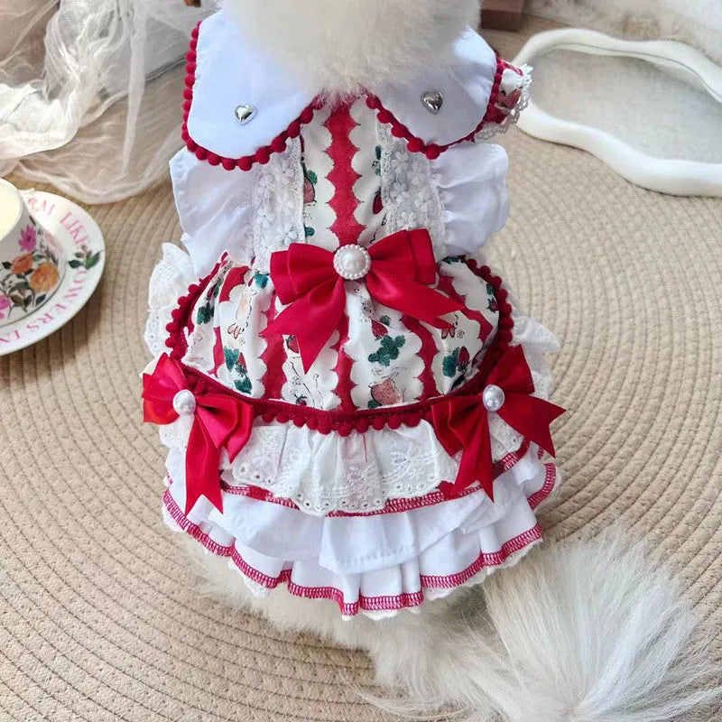 A small dog wearing a white polyester skirt with a rabbit motif, princess style.