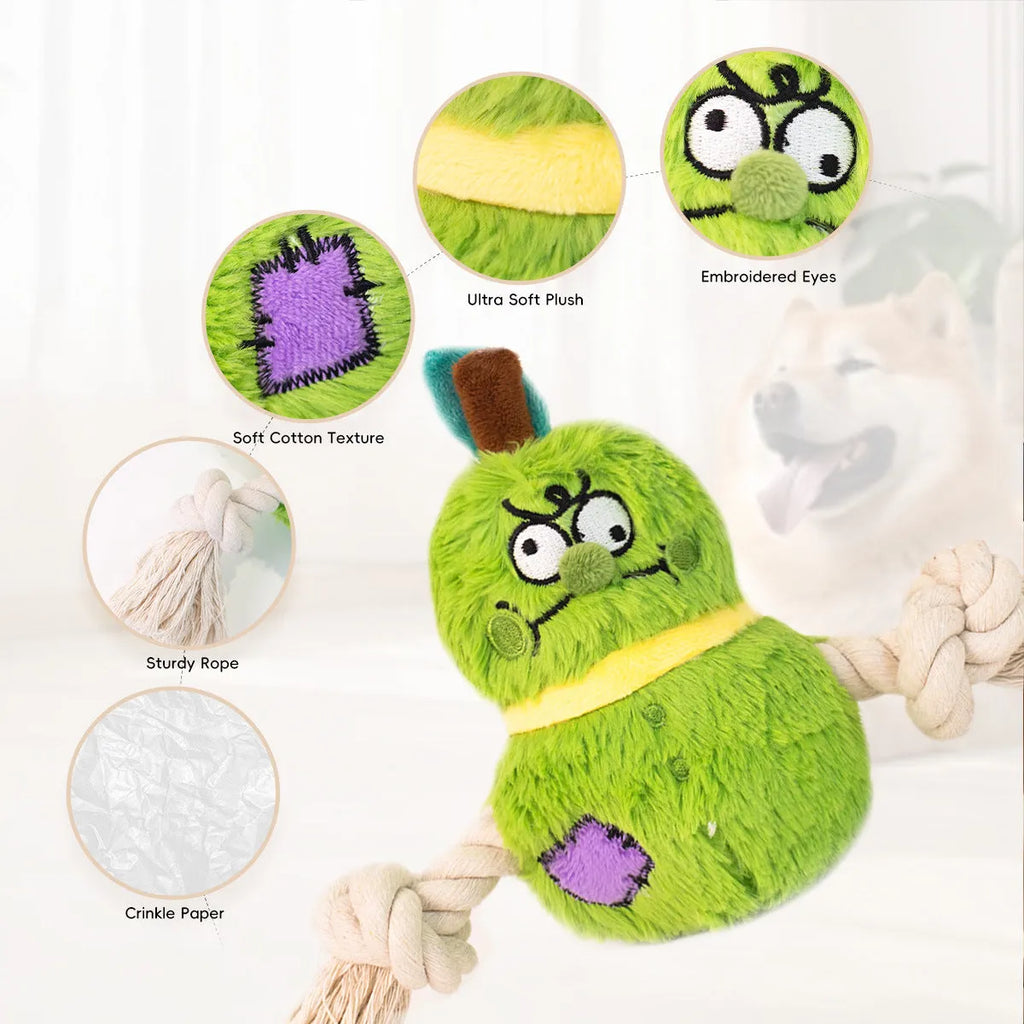 Interactive plush rope knot dog toy in green or purple for tug of war and teeth cleaning