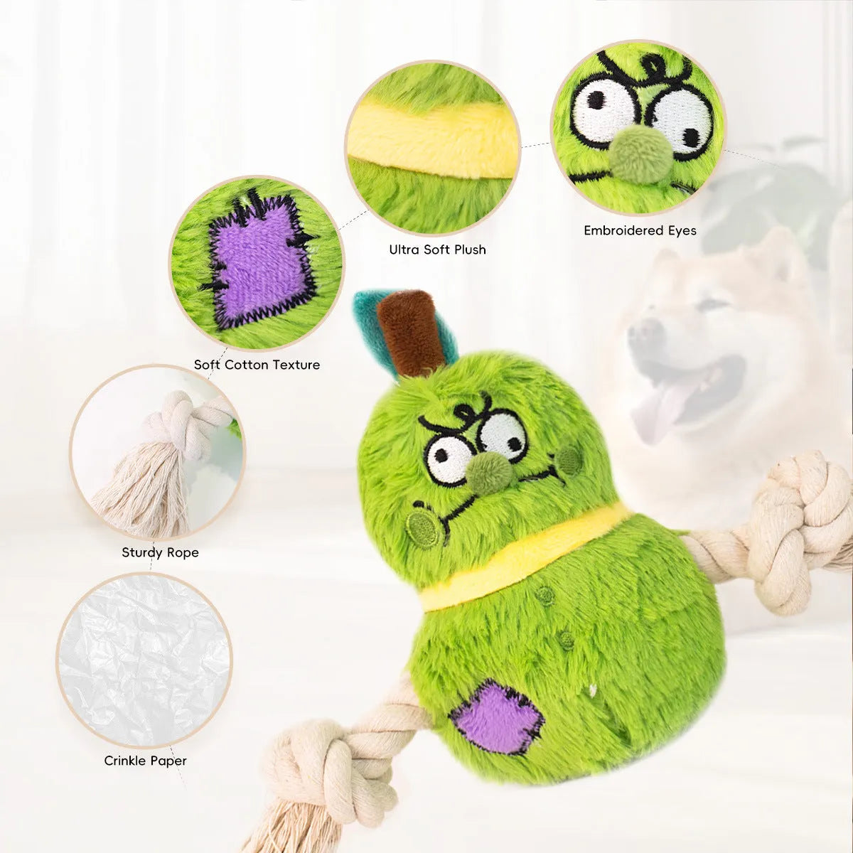 Interactive plush rope knot dog toy in green or purple for tug of war and teeth cleaning