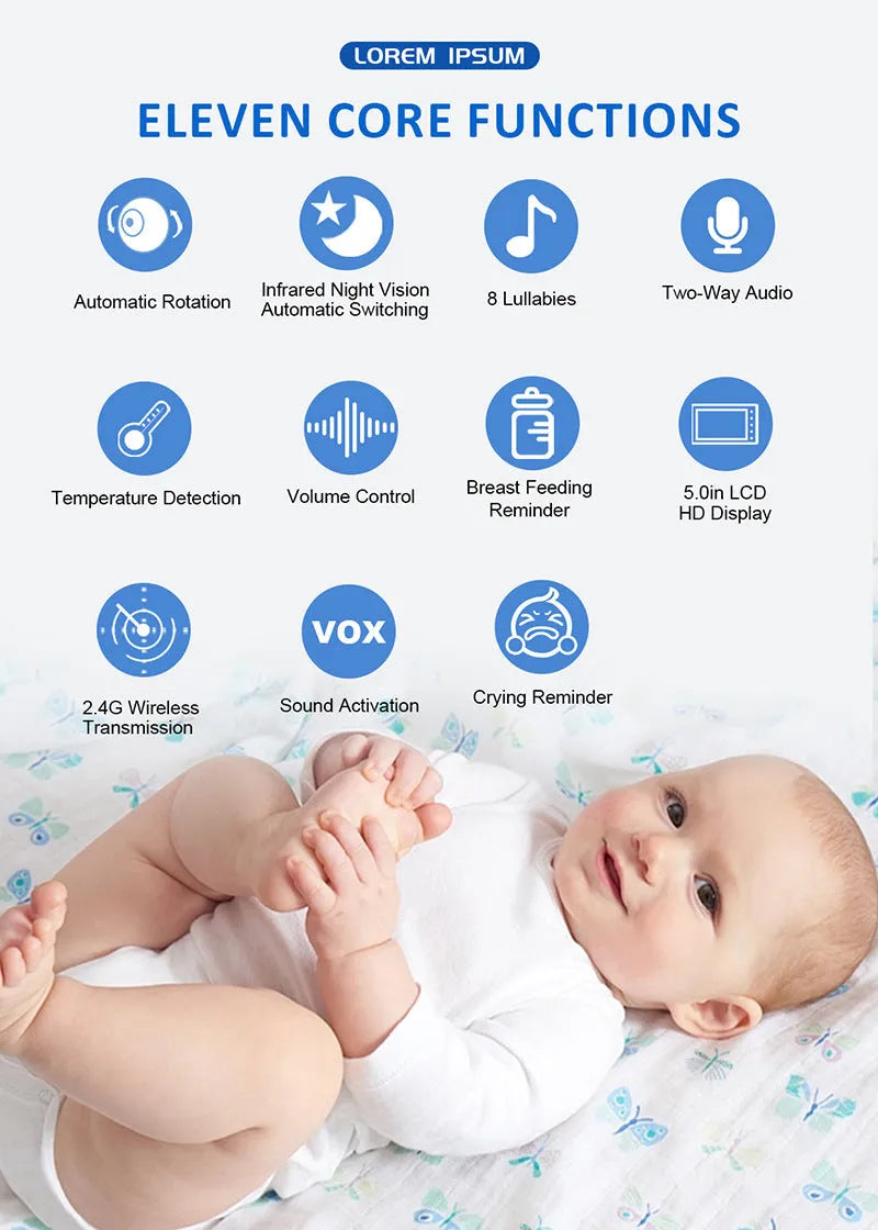 White wireless baby monitor with 5-inch screen showing baby room temperature display