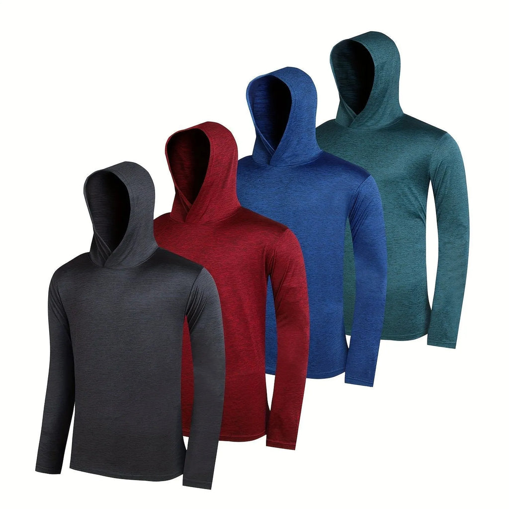 Four folded men's lightweight polyester hoodies from a multipack, shown in a solid colour.