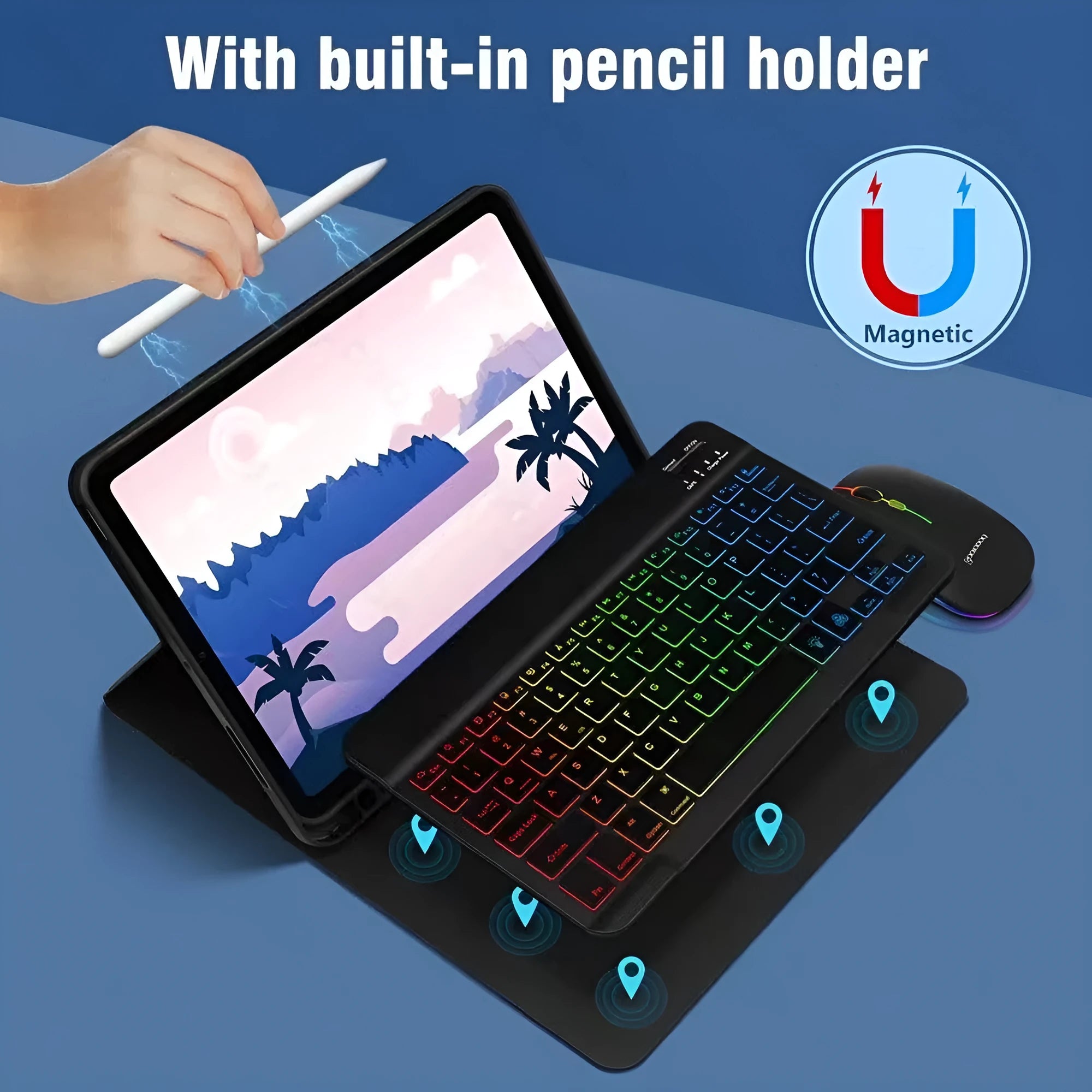 iPad leather protective case with integrated luminous RGB backlit Bluetooth keyboard and stand in multiple colour options.