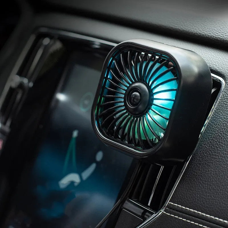 Black USB car fan with three speed buttons on compact base for vehicle ventilation