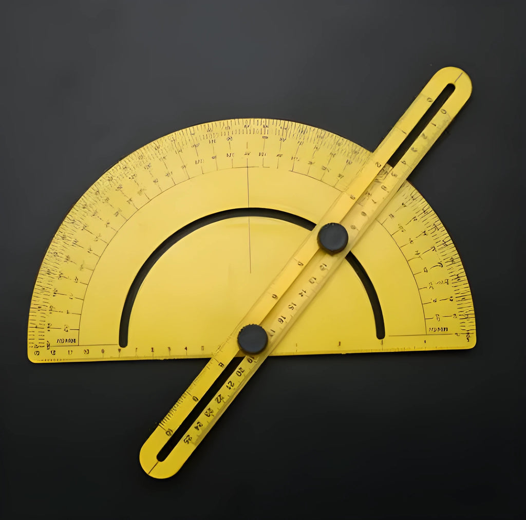 White plastic carpentry angle measuring tool with 180-degree scale, approx 30cm long, for woodworking and tiling.