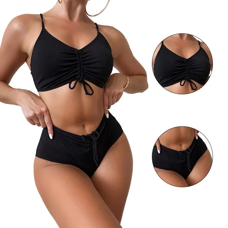 Black women's high waist sling split bikini swimsuit with sleeveless design