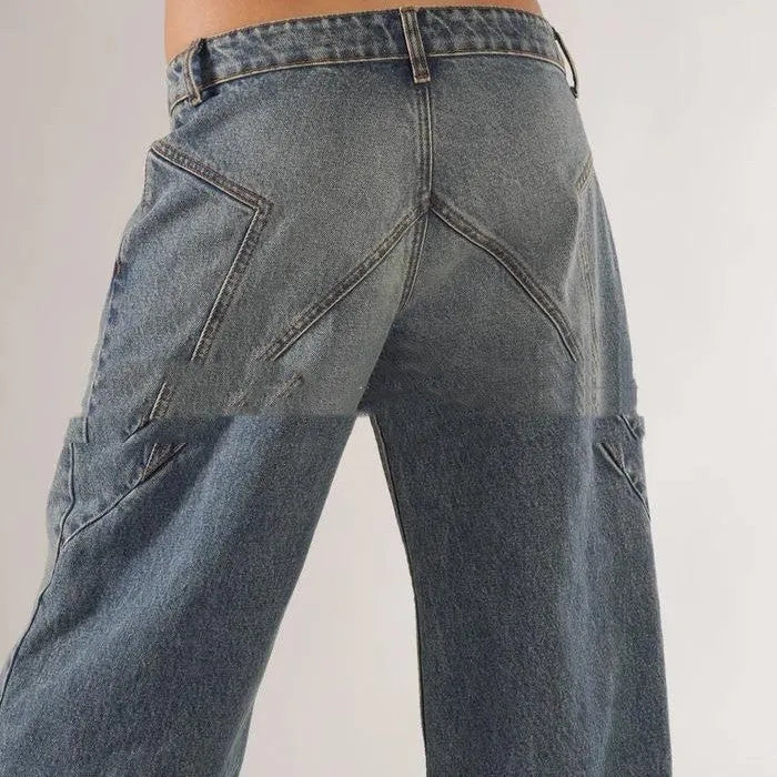 Women's blue loose straight wide leg cotton mop trousers with low waist and stitching detail