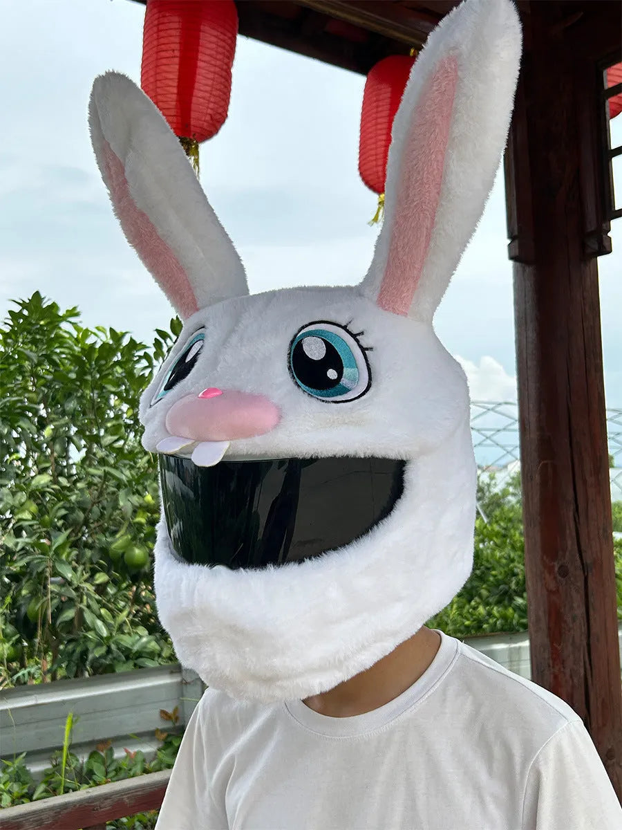 White long-eared rabbit head plush helmet cover for electric motorcycle helmets