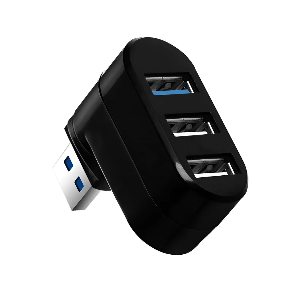 Black and white USB rotary splitter hub with four ports and ABS plastic casing