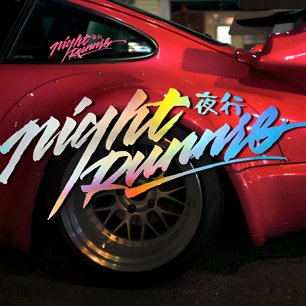 Nightwalker reflective car decal sticker for rear windows shown in black, colourful, and pink colour options.
