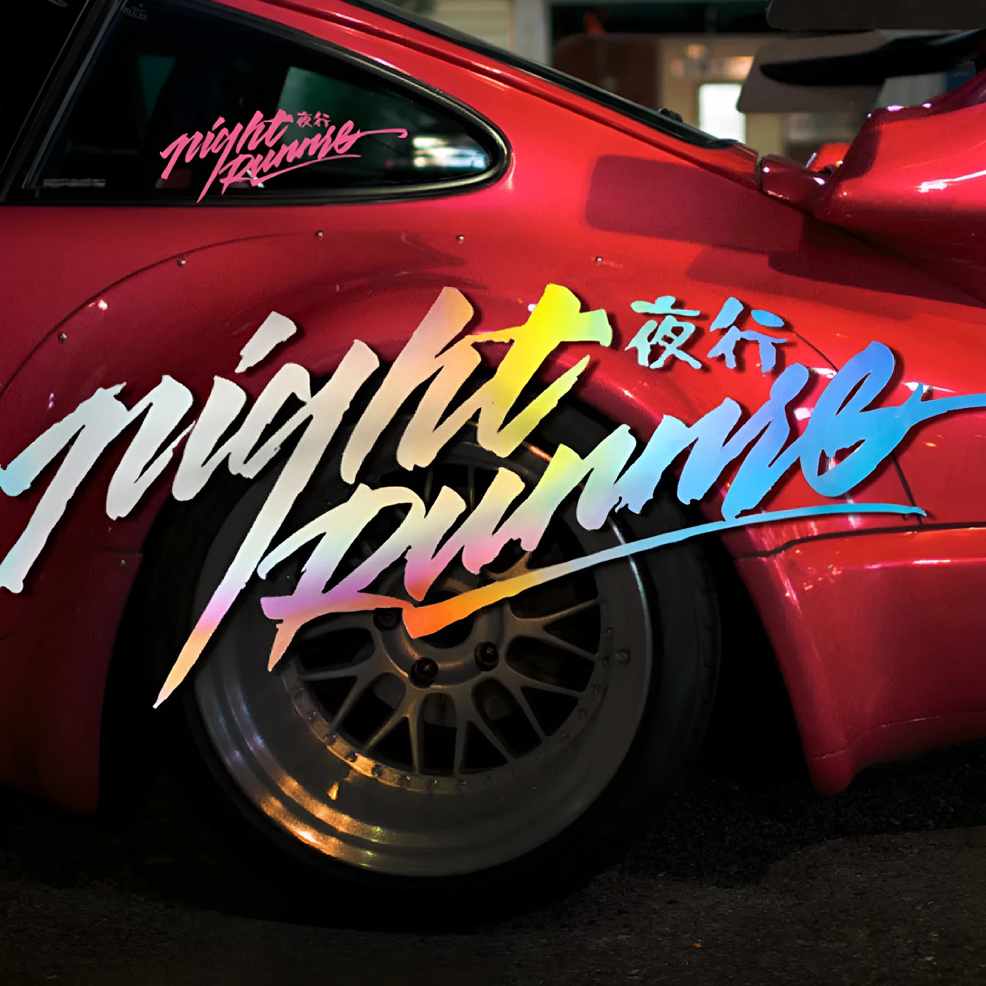 Nightwalker reflective car decal sticker for rear windows shown in black, colourful, and pink colour options.