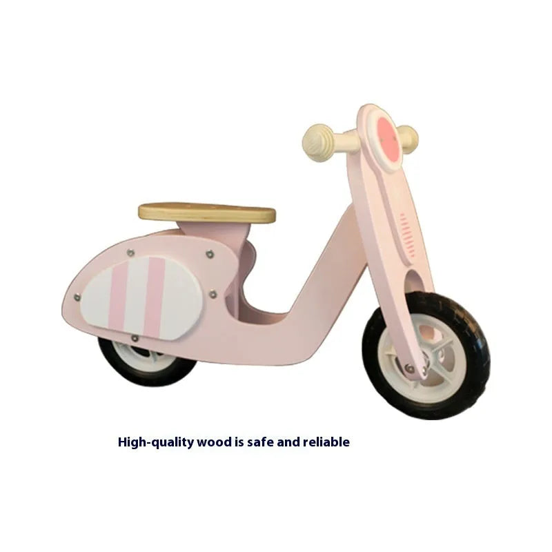 Pink wooden balance scooter for toddlers with 10-inch wheels