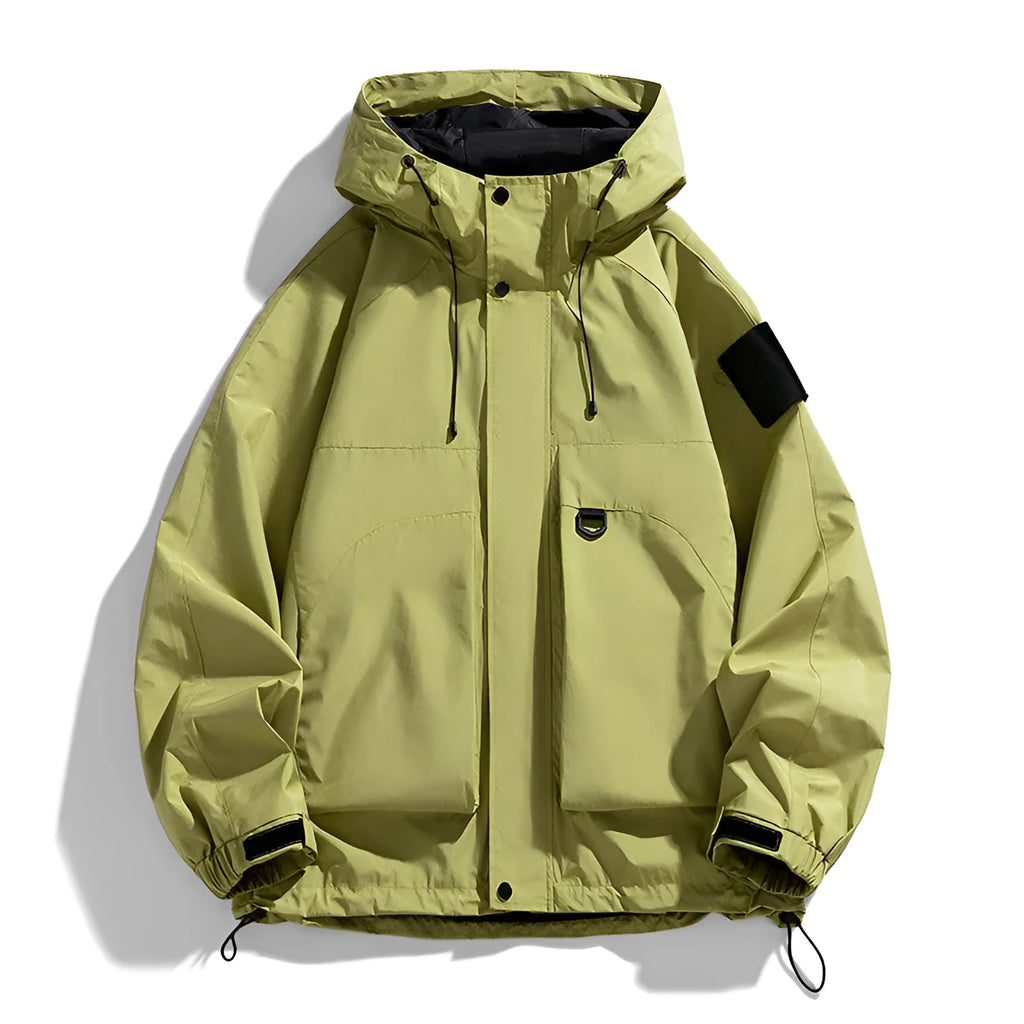 Men's black waterproof windproof hooded jacket on a hanger