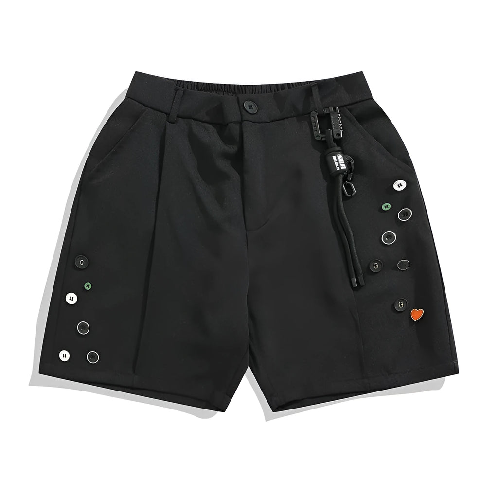Black men's loose straight-leg shorts with a semi-elastic waist, colour button, and zip fly.