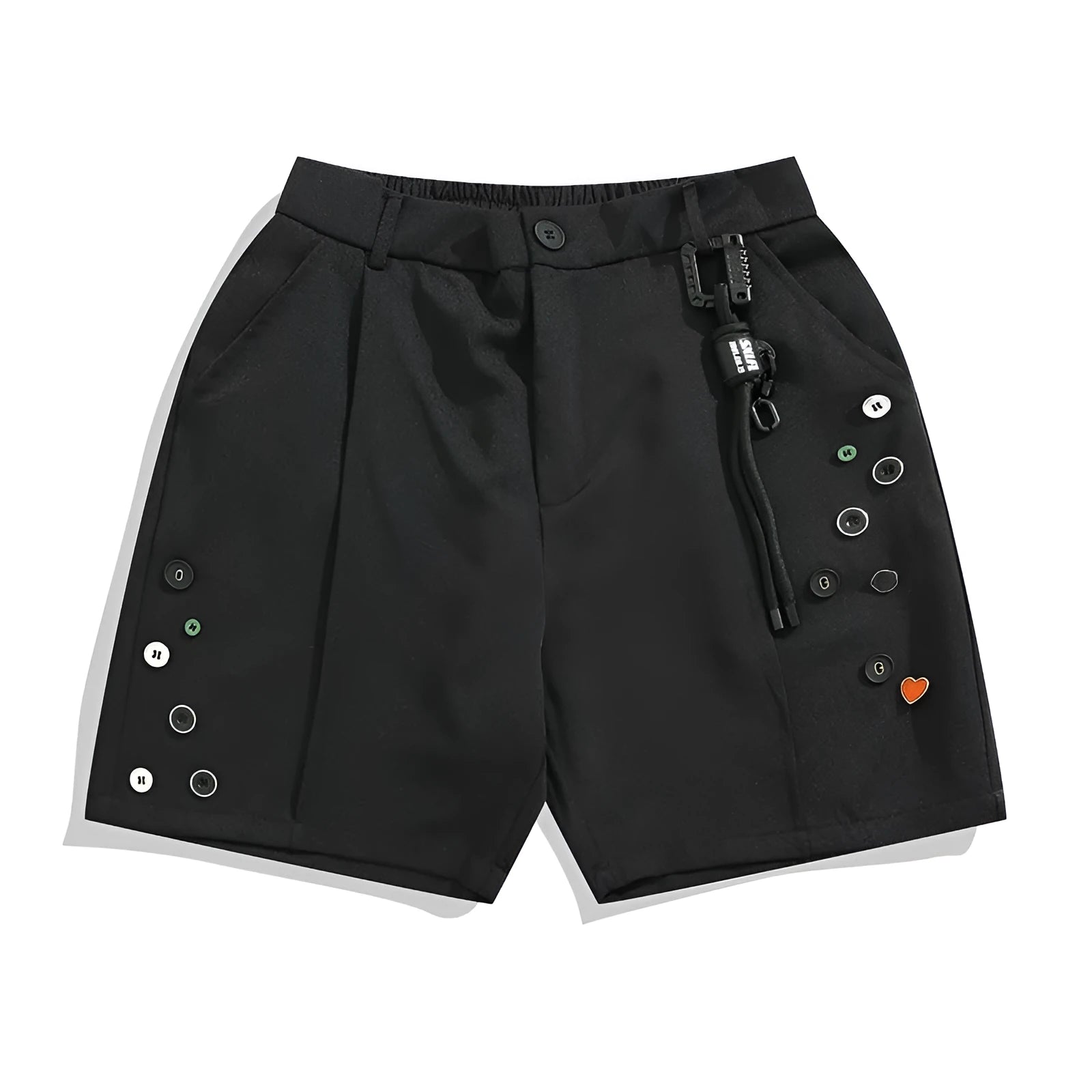 Black men's loose straight-leg shorts with a semi-elastic waist, colour button, and zip fly.