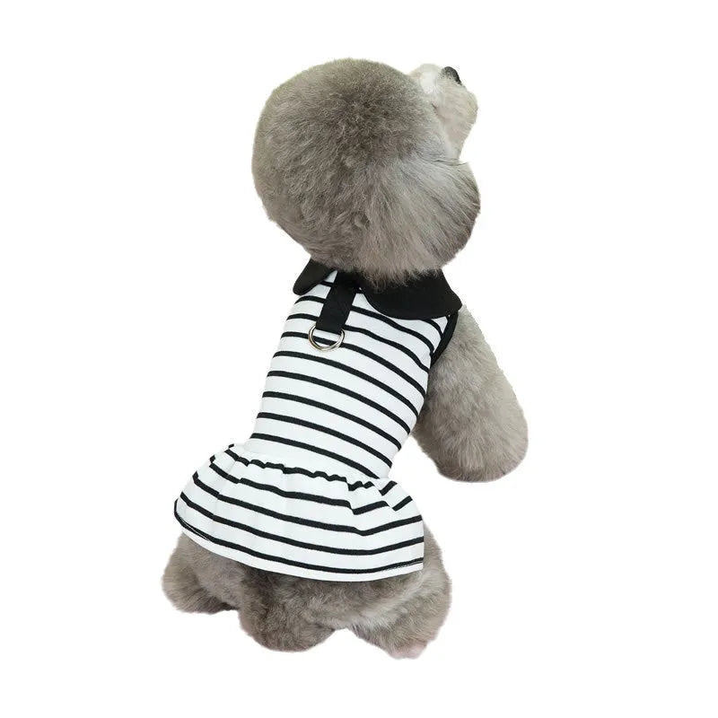 Small dog wearing striped cotton T-shirt and matching skirt summer pet outfit