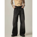 Black loose straight-leg jeans with retro styling and zipper fly