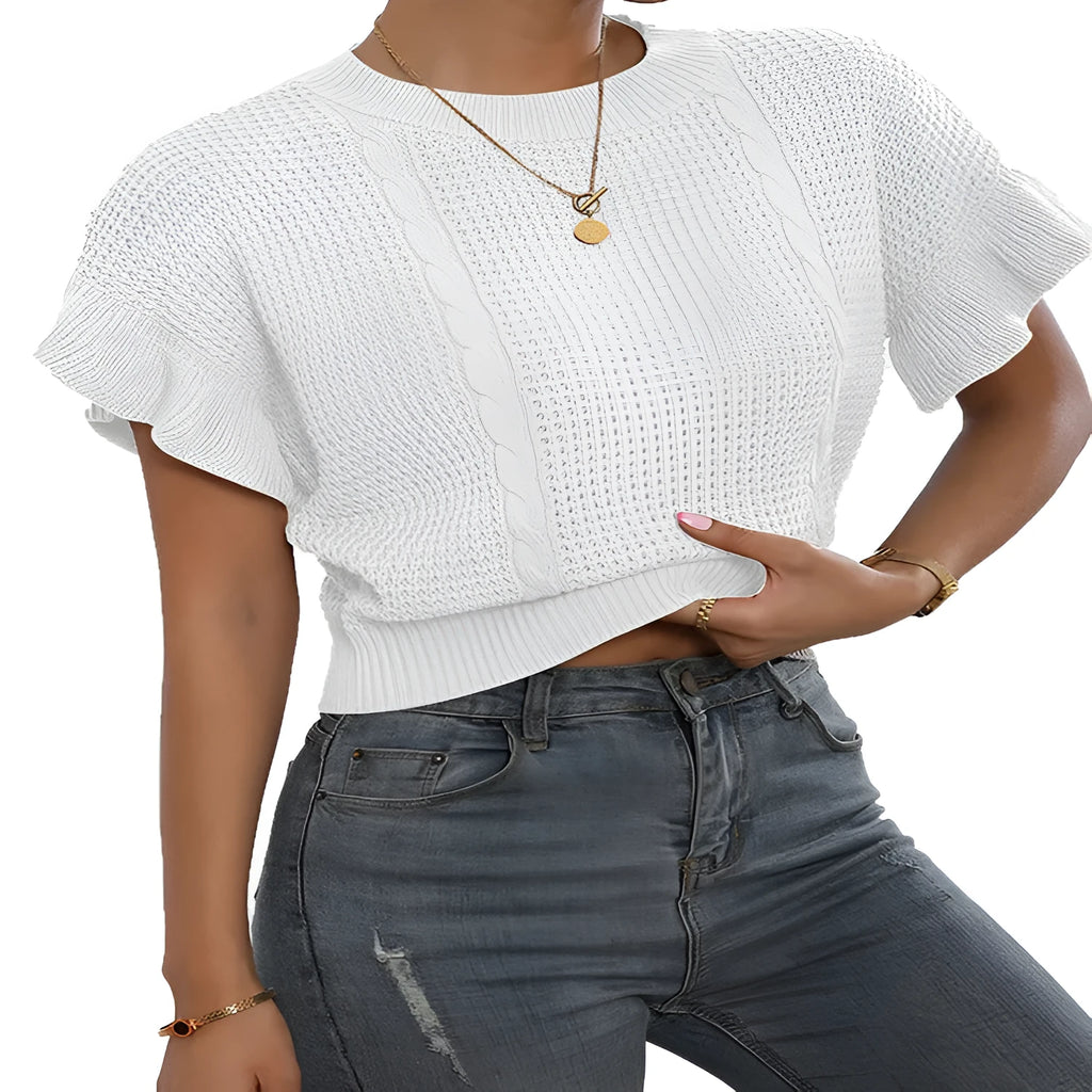 Knitted pullover sweater with twisted string ruffle short sleeves in Japanese Korean casual style