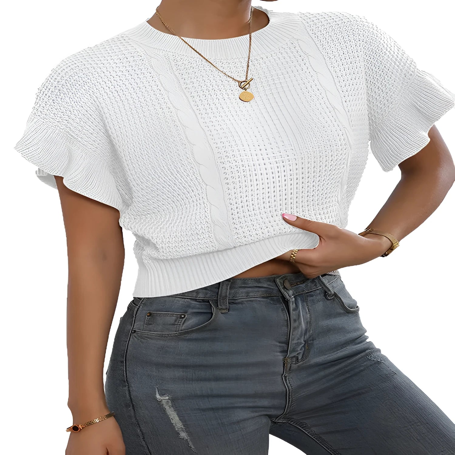 Knitted pullover sweater with twisted string ruffle short sleeves in Japanese Korean casual style
